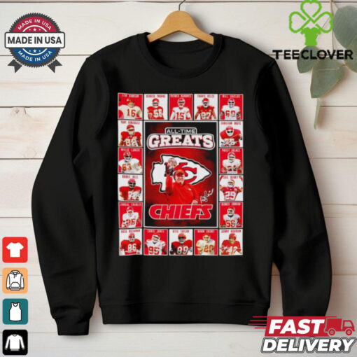 All time greats Kansas City Chiefs Len Dawson Derrick Thomas Patrick Mahomes Travis Kelce signatures shirt