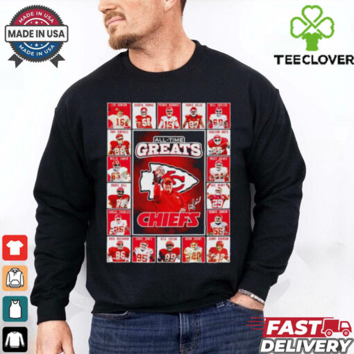 All time greats Kansas City Chiefs Len Dawson Derrick Thomas Patrick Mahomes Travis Kelce signatures shirt