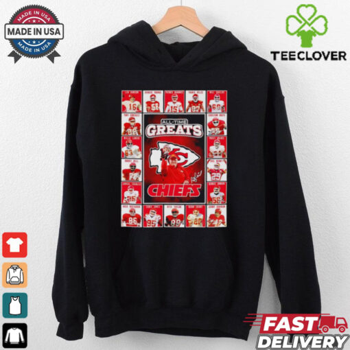 All time greats Kansas City Chiefs Len Dawson Derrick Thomas Patrick Mahomes Travis Kelce signatures shirt