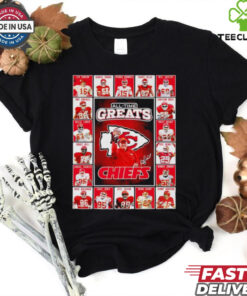 All time greats Kansas City Chiefs Len Dawson Derrick Thomas Patrick Mahomes Travis Kelce signatures shirt