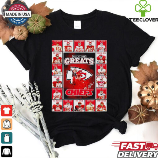 All time greats Kansas City Chiefs Len Dawson Derrick Thomas Patrick Mahomes Travis Kelce signatures shirt