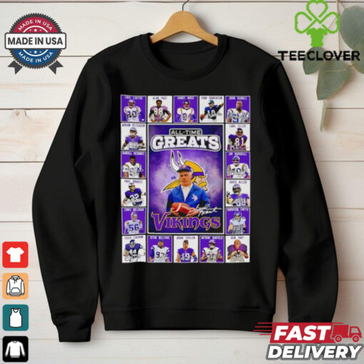 All time greats Minnesota Vikings Cris Carter Alan Page Randy Moss Fran Tarkenton signatures shirt