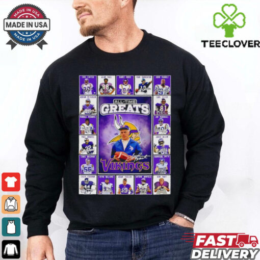 All time greats Minnesota Vikings Cris Carter Alan Page Randy Moss Fran Tarkenton signatures shirt