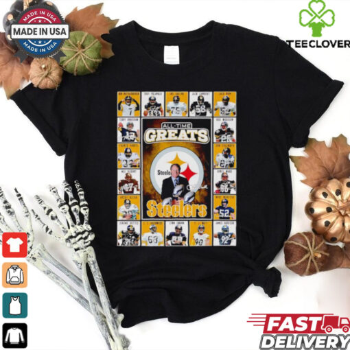 All time greats Pittsburgh Steelers Ben Roethlisberger Troy Polamalu Joe Greene Jack Lambert signatures shirt