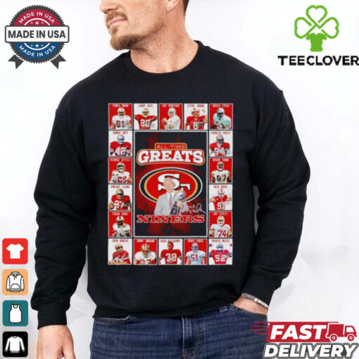 All time greats San Francisco 49ers Terrell Owens Jerry RIce Joe Montana Steve Young signatures shirt