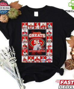 All time greats San Francisco 49ers Terrell Owens Jerry RIce Joe Montana Steve Young signatures shirt