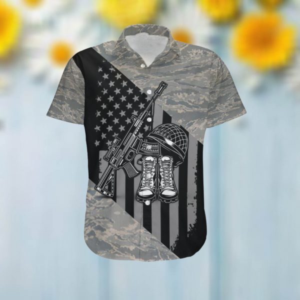American Flag Veteran Military Symbols Camouflage Men Hawaiian Aloha Tropical Beach Button Up Shirt For US Air Force