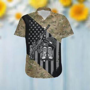 American Flag Veteran Military Symbols Camouflage Men Hawaiian Aloha Tropical Beach Button Up Shirt For US Army