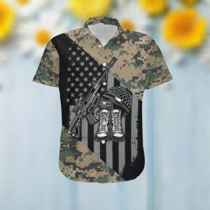 American Flag Veteran Military Symbols Camouflage Men Hawaiian Aloha Tropical Beach Button Up Shirt For US Marine Corps