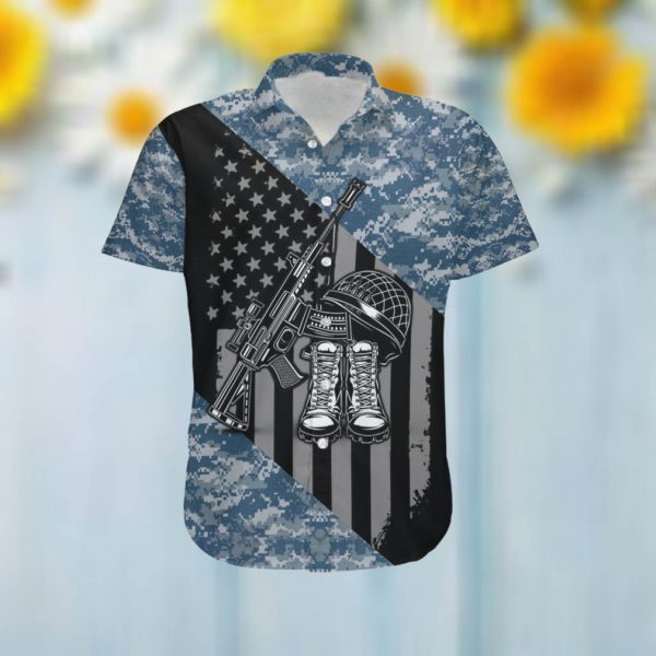 American Flag Veteran Military Symbols Camouflage Men Hawaiian Aloha Tropical Beach Button Up Shirt For US Navy