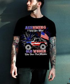 American Jeep flag and Firework assuming I was like most old women was your first mistake shirt