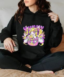 Anime girl eating a big juicy hamburger Yummy cartoon shirt