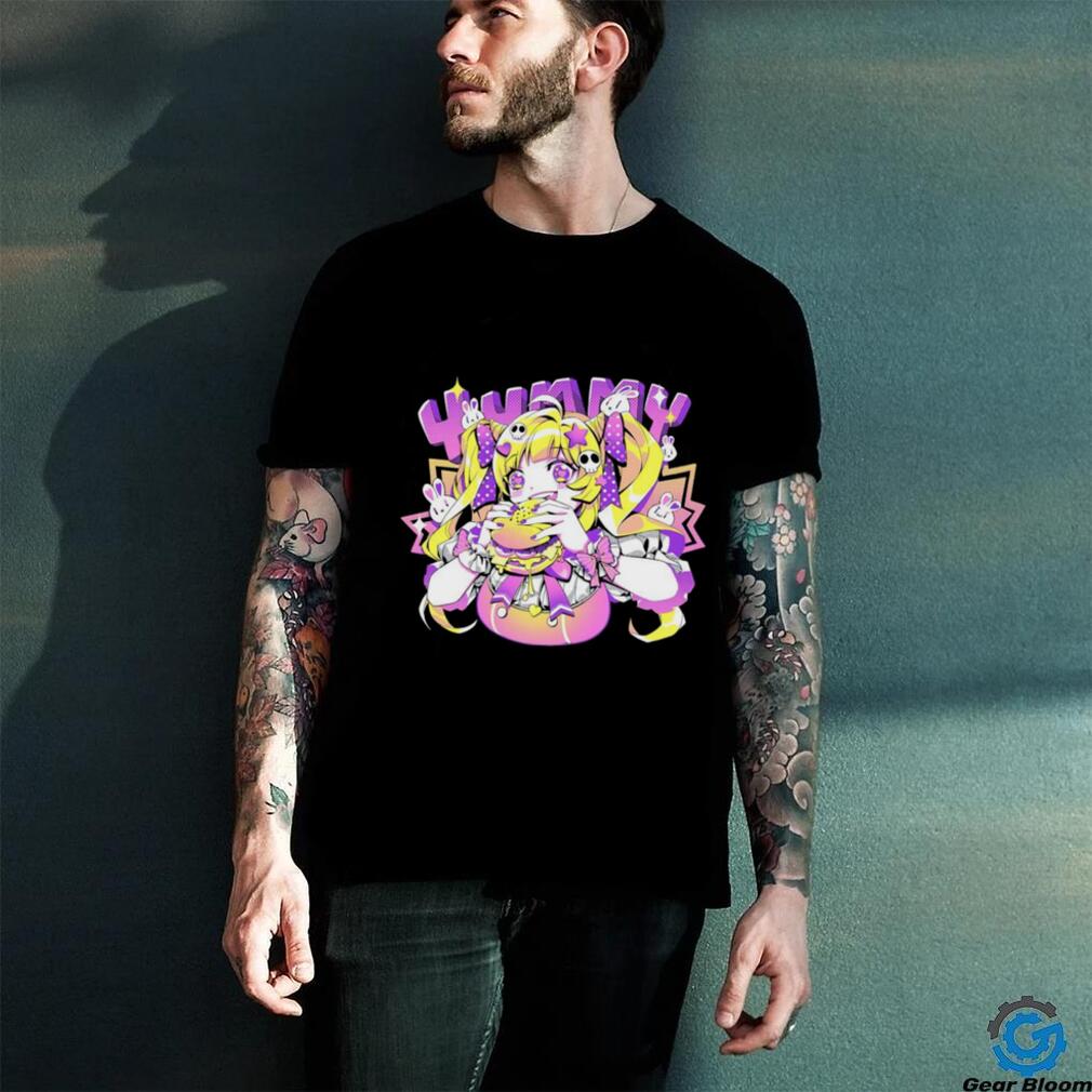 Anime girl eating a big juicy hamburger Yummy cartoon shirt Anime girl eating a big juicy hamburger Yummy cartoon shirt