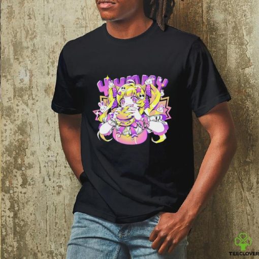 Anime girl eating a big juicy hamburger Yummy cartoon shirt