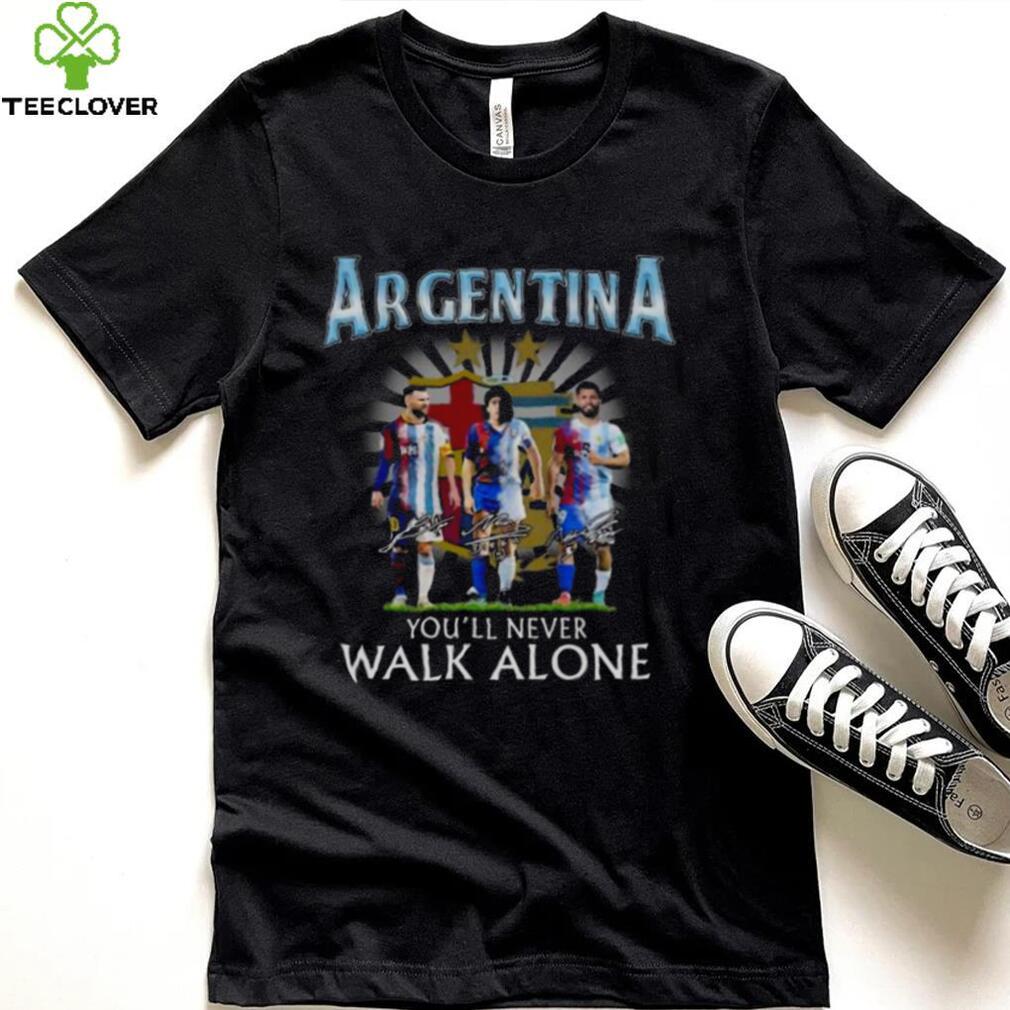 Argentina Lionel Messi Diego Maradona and Sergio Agüero you’ll never walk alone signatures shirt