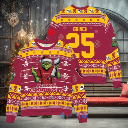 Arizona Cardinals x Grinch Christmas Dr. Seuss How the Grinch Stole Christmas with Super Bowl Trophy Custom Ugly Christmas Sweater