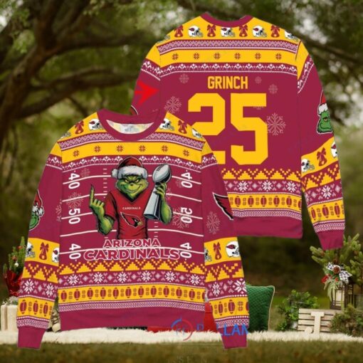 Arizona Cardinals x Grinch Christmas Dr. Seuss How the Grinch Stole Christmas with Super Bowl Trophy Custom Ugly Christmas Sweater