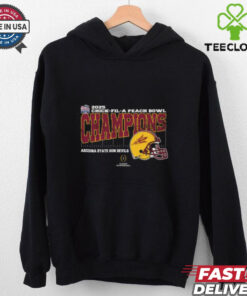 Arizona State Sun Devils 2025 Chick-fil-A Peach Bowl Champions T-shirt, College Football Playoff Quarterfinal vintage style with helmet design, unisex fit, Arizona State football fan gear, Peach Bowl championship shirt.