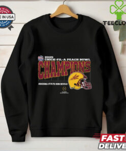 Arizona State Sun Devils 2025 Chick-fil-A Peach Bowl Champions T-shirt, College Football Playoff Quarterfinal vintage style with helmet design, unisex fit, Arizona State football fan gear, Peach Bowl championship shirt.