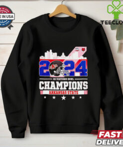 Arkansas State Football 68 Ventures Bowl Champions 2024 City Skyline Shirt, featuring a celebratory design with the Arkansas State logo and city skyline graphic to honor their 2024 Bowl victory. Perfect for fans commemorating this championship achievement.