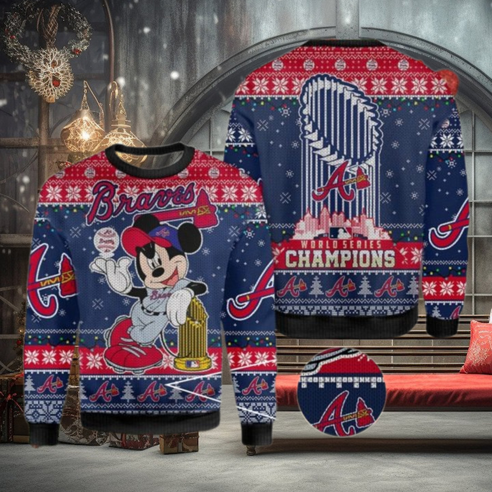 Atlanta Braves Mickey Mouse World Series Champions 2021 Knit Ugly Christmas Sweater Atlanta Braves Mickey Mouse World Series Champions 2021 Knit Ugly Christmas Sweater