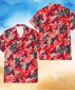 Atlanta Braves Red Hibiscus Gray Leaf Gainsboro Background 3D Hawaiian Shirt Gift For Fans