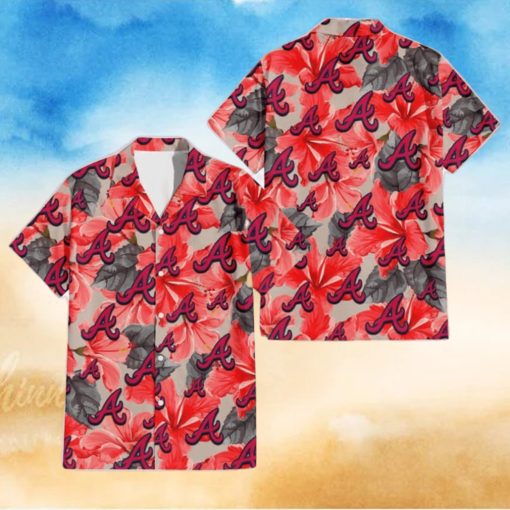 Atlanta Braves Red Hibiscus Gray Leaf Gainsboro Background 3D Hawaiian Shirt Gift For Fans