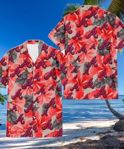 Atlanta Braves Red Hibiscus Gray Leaf Gainsboro Background 3D Hawaiian Shirt Gift For Fans