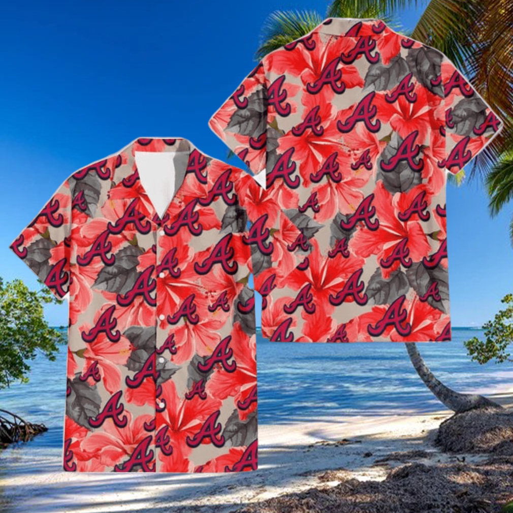 Atlanta Braves Red Hibiscus Gray Leaf Gainsboro Background 3D Hawaiian Shirt Gift For Fans Atlanta Braves Red Hibiscus Gray Leaf Gainsboro Background 3D Hawaiian Shirt Gift For Fans