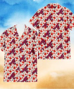 Atlanta Braves Tiny Red Hibiscus Green Leaf White Cube Background 3D Hawaiian Shirt Gift For Fans