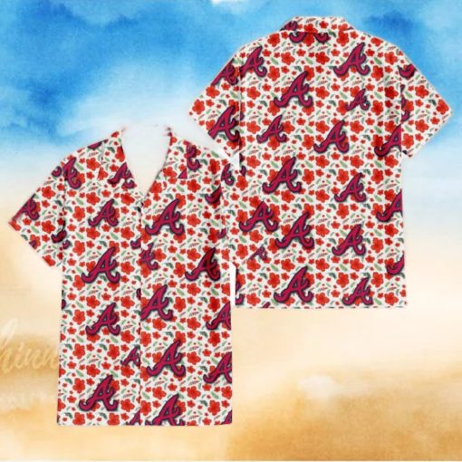 Atlanta Braves Tiny Red Hibiscus Green Leaf White Cube Background 3D Hawaiian Shirt Gift For Fans