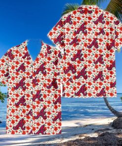 Atlanta Braves Tiny Red Hibiscus Green Leaf White Cube Background 3D Hawaiian Shirt Gift For Fans