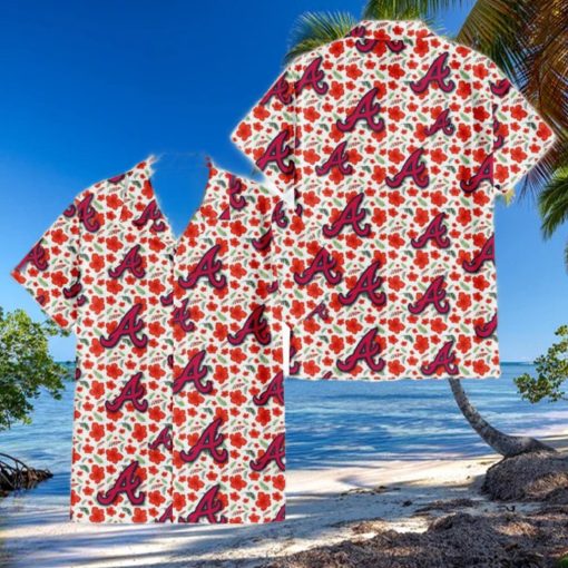 Atlanta Braves Tiny Red Hibiscus Green Leaf White Cube Background 3D Hawaiian Shirt Gift For Fans