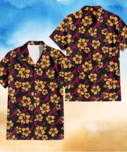 Atlanta Braves Tiny Yellow Hibiscus Black Background 3D Hawaiian Shirt Gift For Fans