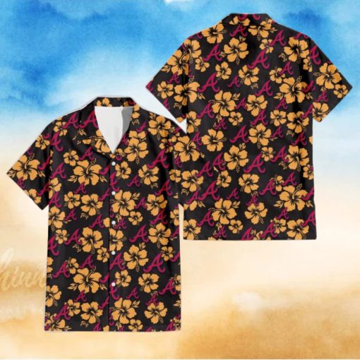 Atlanta Braves Tiny Yellow Hibiscus Black Background 3D Hawaiian Shirt Gift For Fans