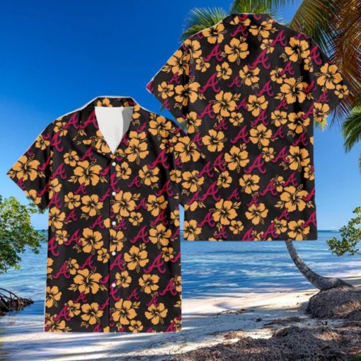 Atlanta Braves Tiny Yellow Hibiscus Black Background 3D Hawaiian Shirt Gift For Fans