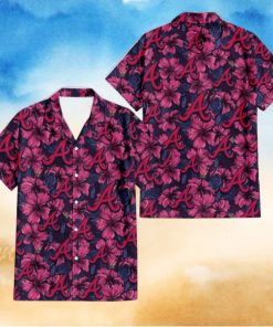 Atlanta Braves Violet Red Blue Leaf Black Background 3D Hawaiian Shirt Gift For Fans