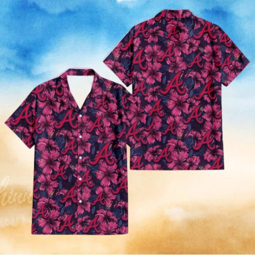 Atlanta Braves Violet Red Blue Leaf Black Background 3D Hawaiian Shirt Gift For Fans
