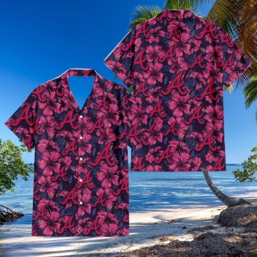 Atlanta Braves Violet Red Blue Leaf Black Background 3D Hawaiian Shirt Gift For Fans
