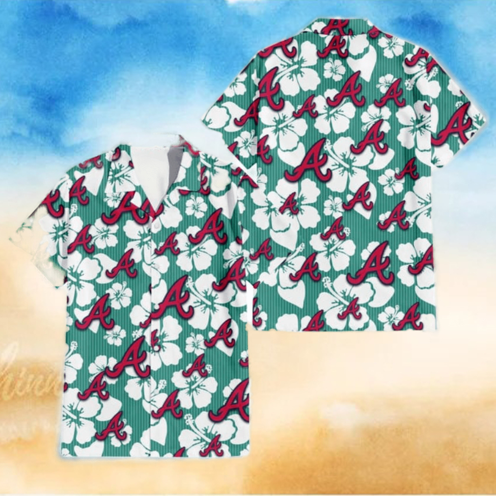 Atlanta Braves White Hibiscus Turquoise Stripe Background 3D Hawaiian Shirt Gift For Fans Atlanta Braves White Hibiscus Turquoise Stripe Background 3D Hawaiian Shirt Gift For Fans