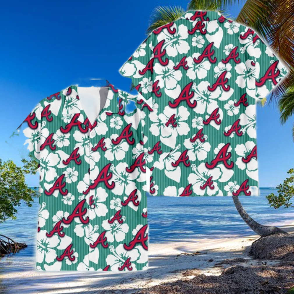 Atlanta Braves White Hibiscus Turquoise Stripe Background 3D Hawaiian Shirt Gift For Fans Atlanta Braves White Hibiscus Turquoise Stripe Background 3D Hawaiian Shirt Gift For Fans