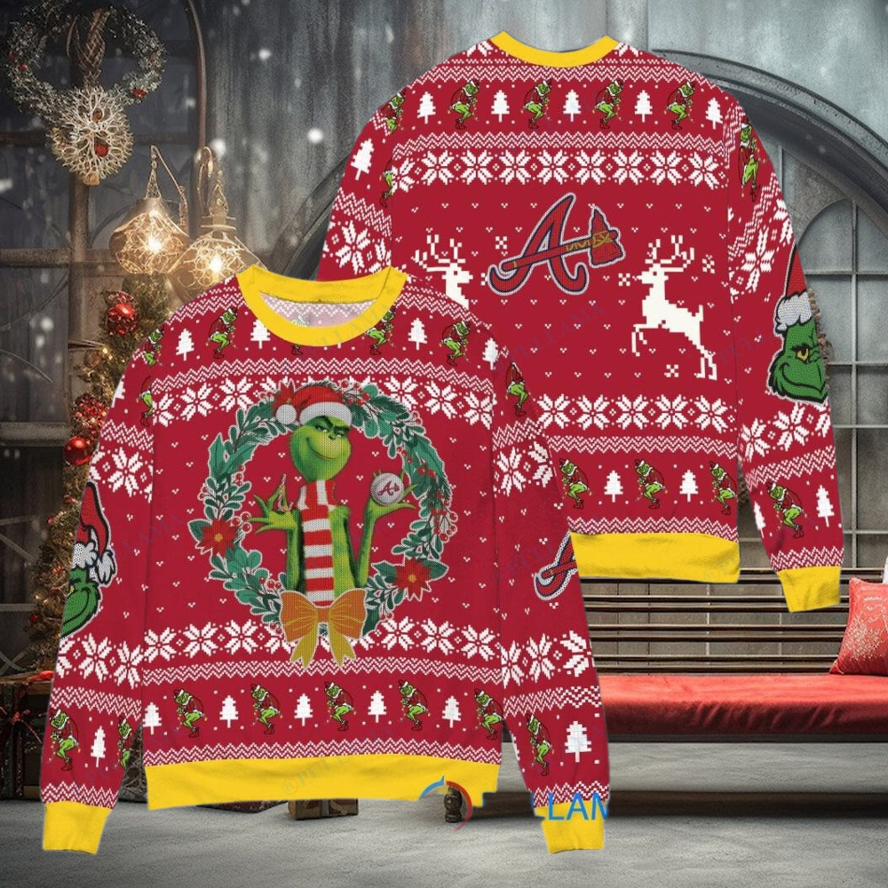 Atlanta Braves x Grinch Dr. Seuss How the Grinch Stole Christmas MLB with World Series Trophy Ugly Christmas Sweater Red Atlanta Braves x Grinch Dr. Seuss How the Grinch Stole Christmas MLB with World Series Trophy Ugly Christmas Sweater Red