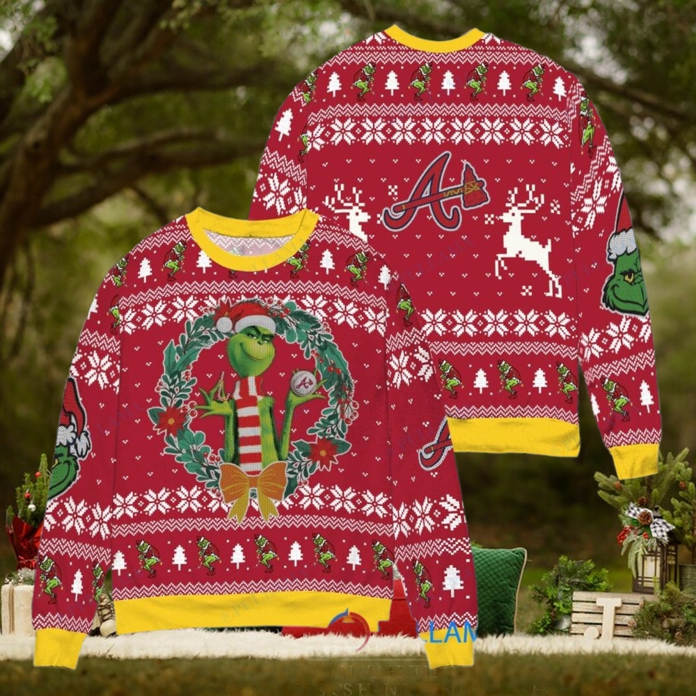 Atlanta Braves x Grinch Dr. Seuss How the Grinch Stole Christmas MLB with World Series Trophy Ugly Christmas Sweater Red Atlanta Braves x Grinch Dr. Seuss How the Grinch Stole Christmas MLB with World Series Trophy Ugly Christmas Sweater Red
