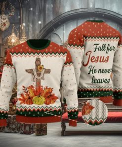 Autumn Pumpkin Floral Cross Wool Knitted Pattern Fall For Christ He Never Leaves Ugly Sweater