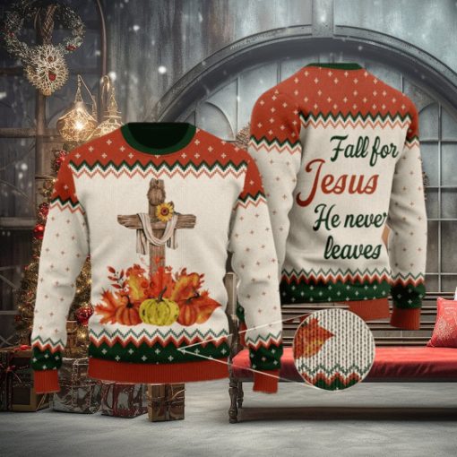 Autumn Pumpkin Floral Cross Wool Knitted Pattern Fall For Christ He Never Leaves Ugly Sweater