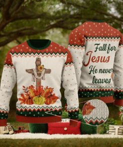 Autumn Pumpkin Floral Cross Wool Knitted Pattern Fall For Christ He Never Leaves Ugly Sweater