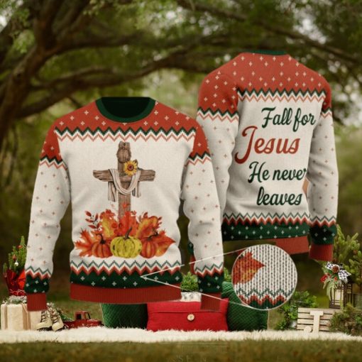 Autumn Pumpkin Floral Cross Wool Knitted Pattern Fall For Christ He Never Leaves Ugly Sweater