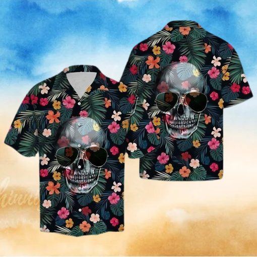 BEACH SHIRT GET NOW FLORAL FUNNY SKULL WEARING SUN GLASSES TROPICAL HAWAIIAN ALOHA SHIRT