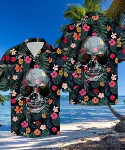 BEACH SHIRT GET NOW FLORAL FUNNY SKULL WEARING SUN GLASSES TROPICAL HAWAIIAN ALOHA SHIRT