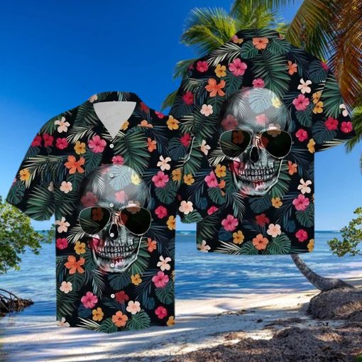 BEACH SHIRT GET NOW FLORAL FUNNY SKULL WEARING SUN GLASSES TROPICAL HAWAIIAN ALOHA SHIRT